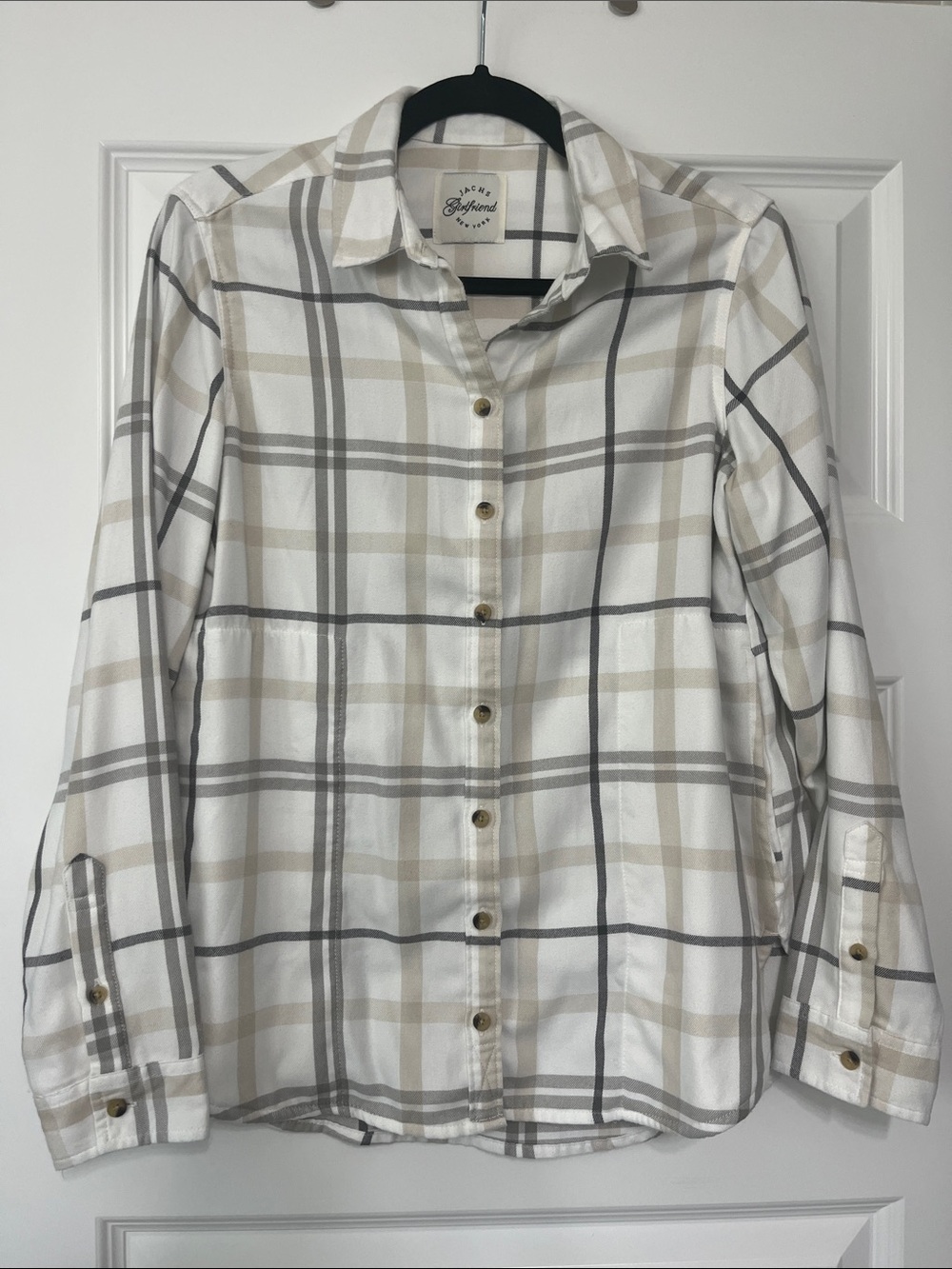 JACHS Girlfriend White Plaid Button-Down Shirt with Beige & Gray Stripes